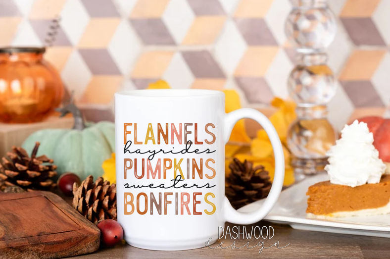 Flannels hayrides pumpkins sweaters bonfires Coffee mug
