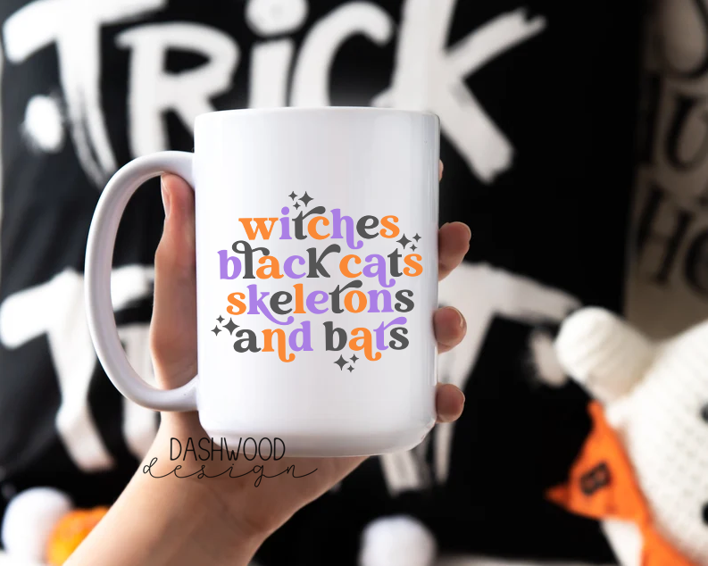 Witches Black Cats Skeletons and Bats Coffee Mug