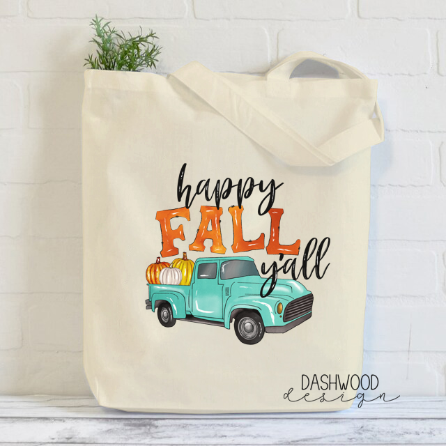 Happy Fall Y'all Turquiose Truck Sublimated Tote